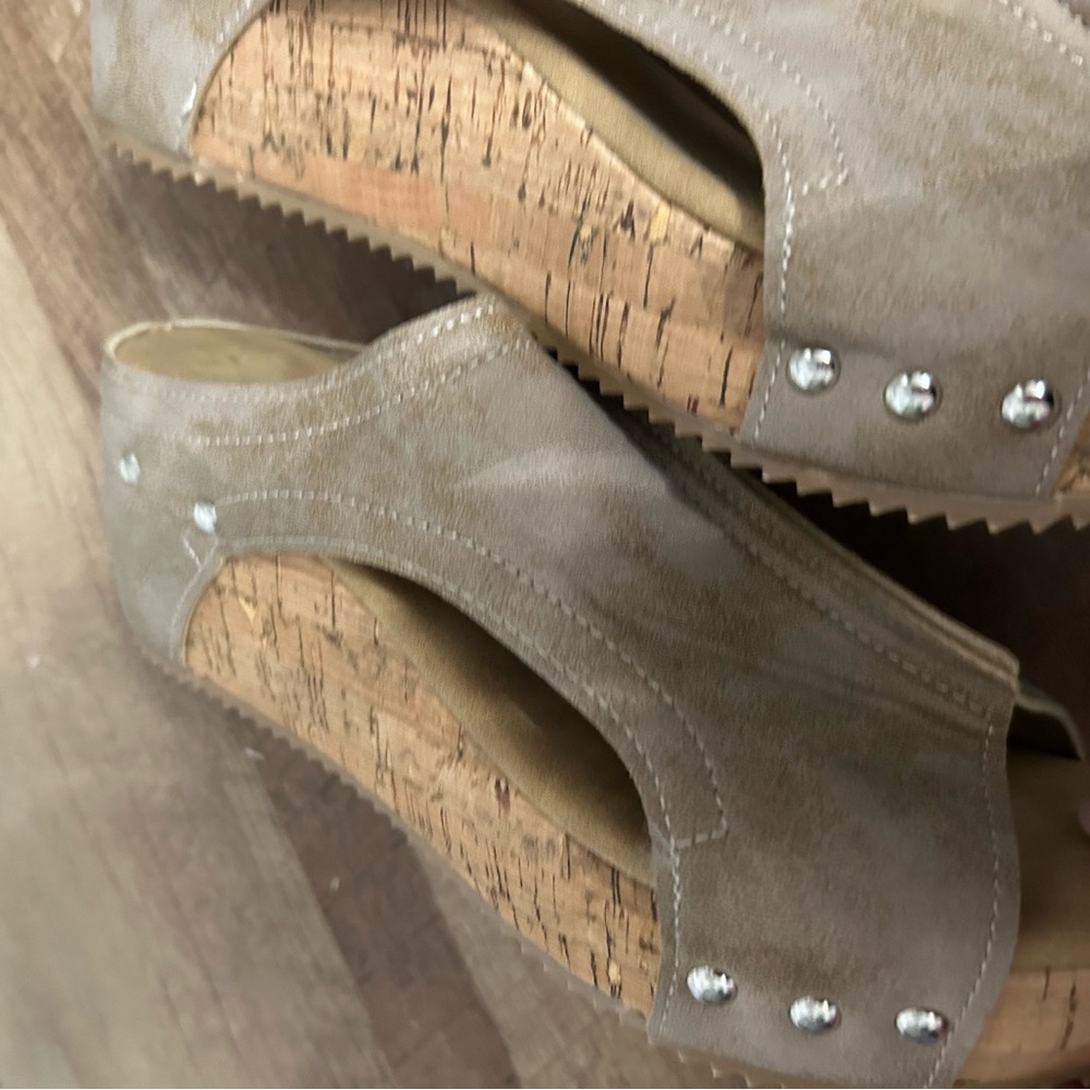 Women's Taupe Suede Cork Wedge Sandals - Comfortable Slip-On